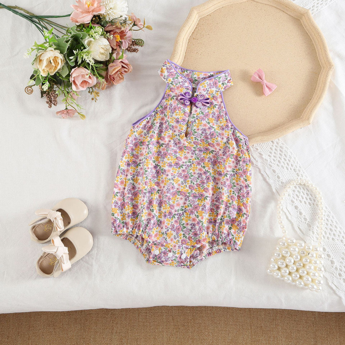 New Retro Printed Baby Summer Outfit Newborn Clothes Sleeveless Baby Romper 3D Heart Baby Clothing